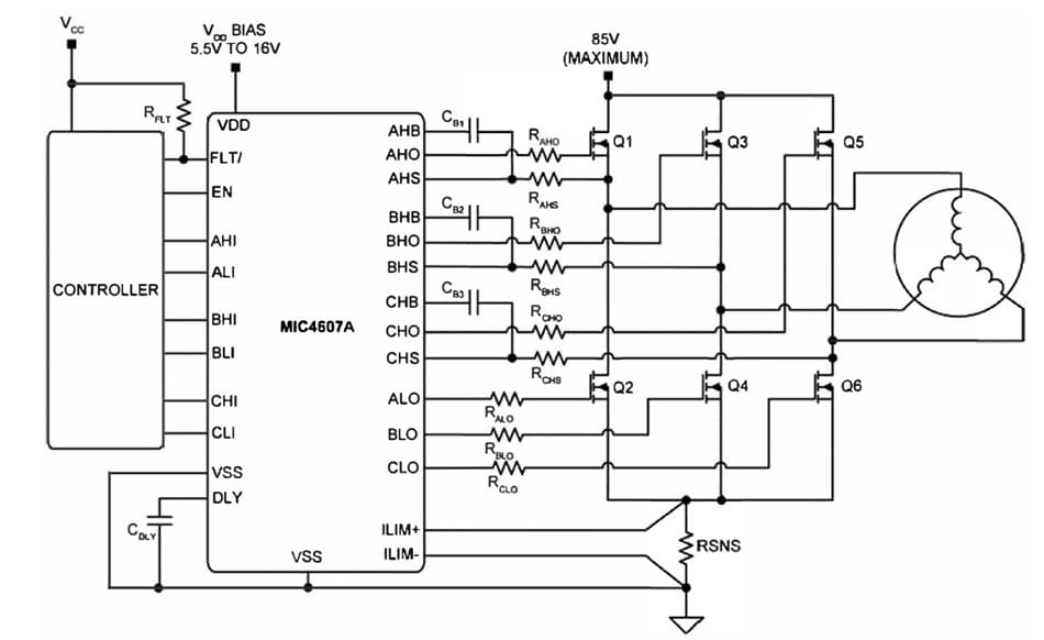Application Circuit Diagram - Microchip Technology MIC4607A Three-Phase MOSFET Drivers